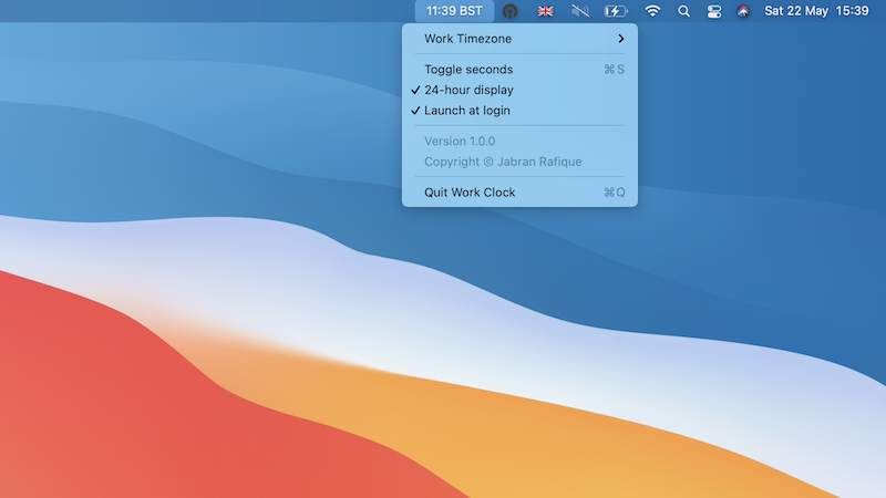 Work clock screenshot on macOS Big Sur (10.15)