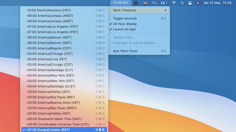 Work clock screenshot on macOS Big Sur (10.15)